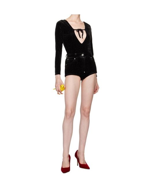 Pushbutton Black Lace-Up Bodysuit