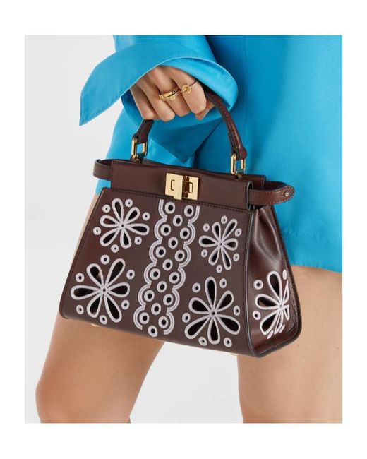 Fendi Brown Mini Peekaboo Flower Design Tote Bag