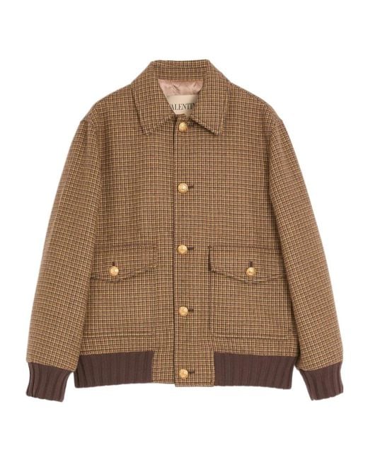 Valentino Brown Wool Bomber Jacket With Houndstooth Pattern for men