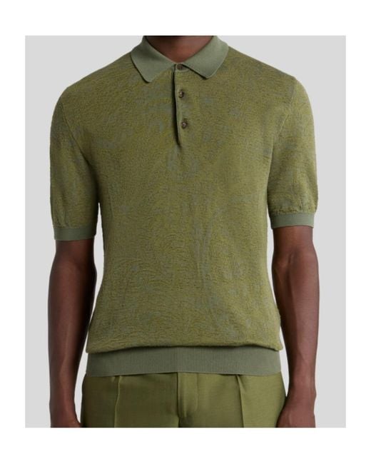 Etro Green Floral Paisley Motif Knit Polo Shirt for men