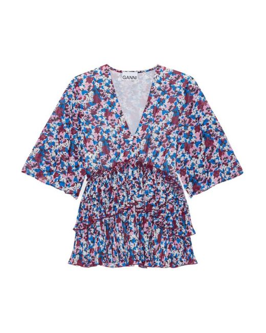 Ganni Blue Top With Floral Motif