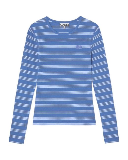 Ganni Blue Striped Long-Sleeve Top