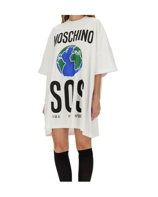 Moschino White Logo-Printed Crewneck Dress