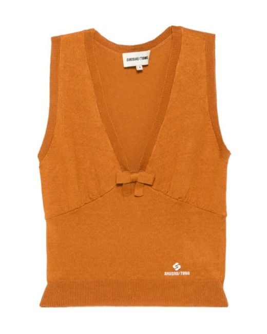 ShuShu/Tong Orange Bow-Detail Knitted Top