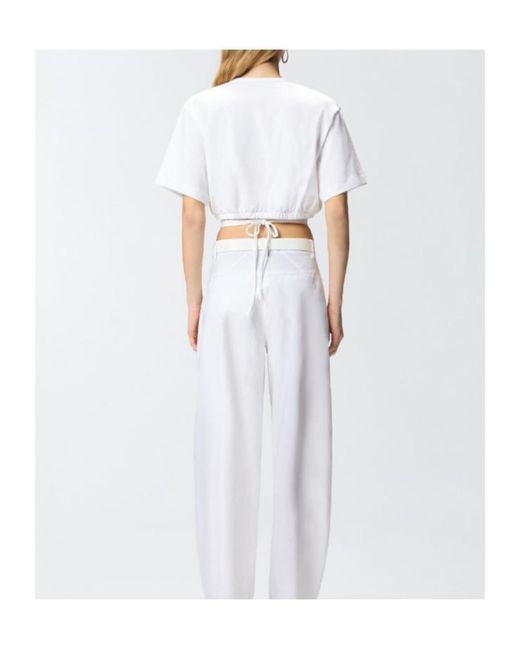 Pinko White Lace-Up Cropped T-Shirt