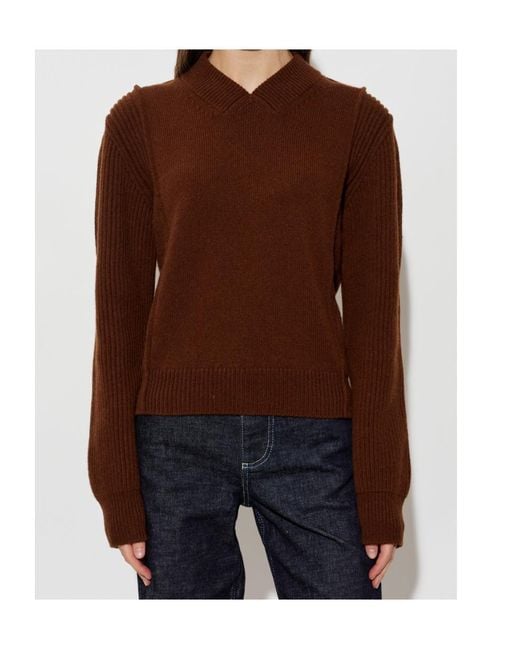 Marni Brown Ribbed V-Neck Ribbed Jumper
