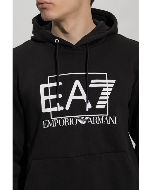 EA7 Black Logo-Print Drawstring Hoodie for men