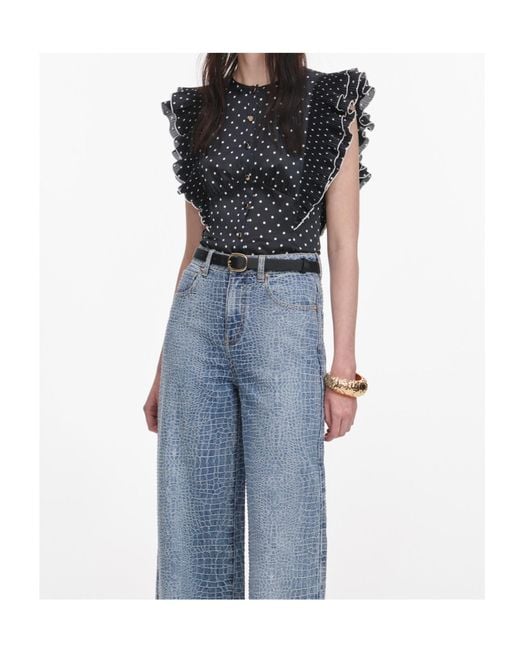 Self-Portrait Blue Ruffled Polka-Dot Top