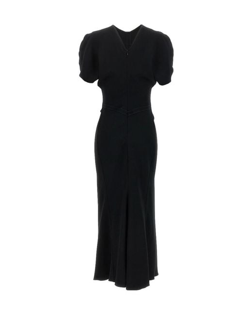 Victoria Beckham Black Ruched-Waist V-Back Crepe Midi Dress