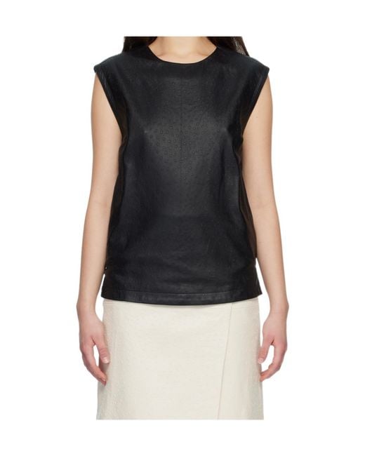 Loulou de Saison Black Fiza Ostrich-Effect Leather Top