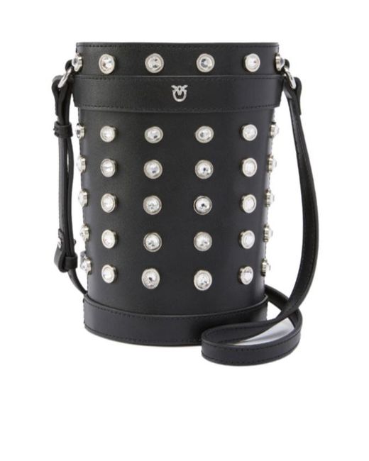 Pinko Black Mini Crystal Studded Leather Bucket Bag