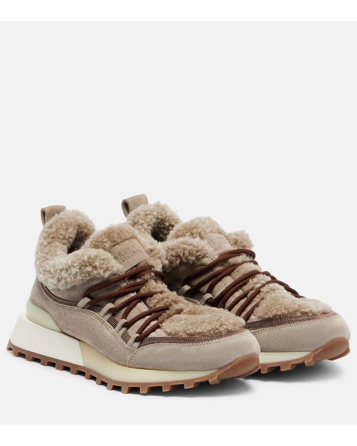 Brunello Cucinelli Gray Shearling-Lined Suede Sneakers