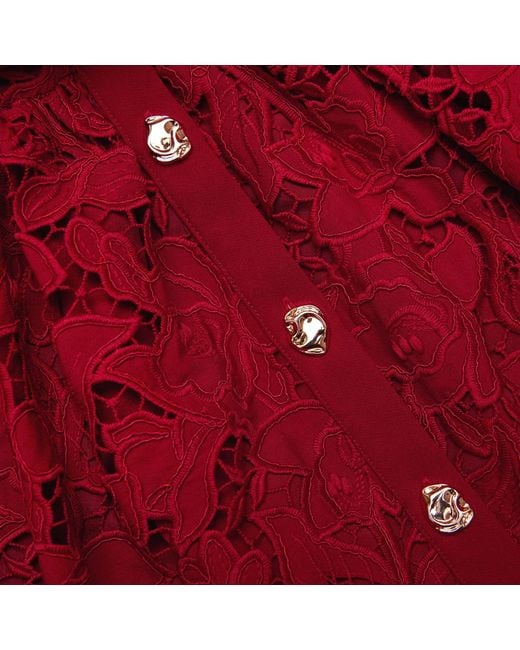 Self-Portrait Red Floral Lace Puff-Sleeved Dress