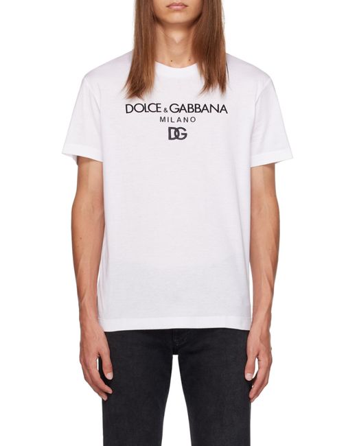 Dolce & Gabbana White Logo Embroidered Crewneck T-Shirt for men