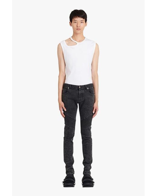 Balmain Black Logo Debossed Skinny Jeans for men