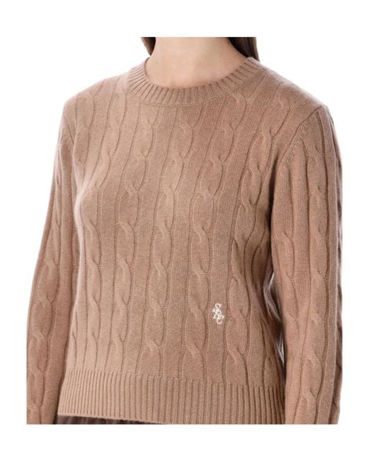 Sporty & Rich Brown Cable-Knit Cropped Sweater