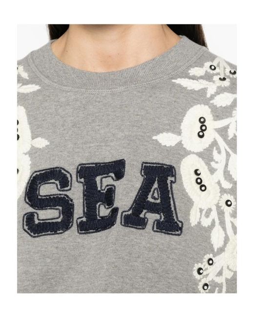 Sea Gray Floral-Embroidered Sweatshirt