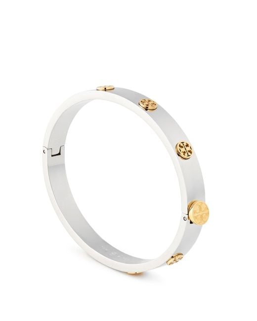 Tory Burch White Two-Tone Logo Motif Hinged Bangle