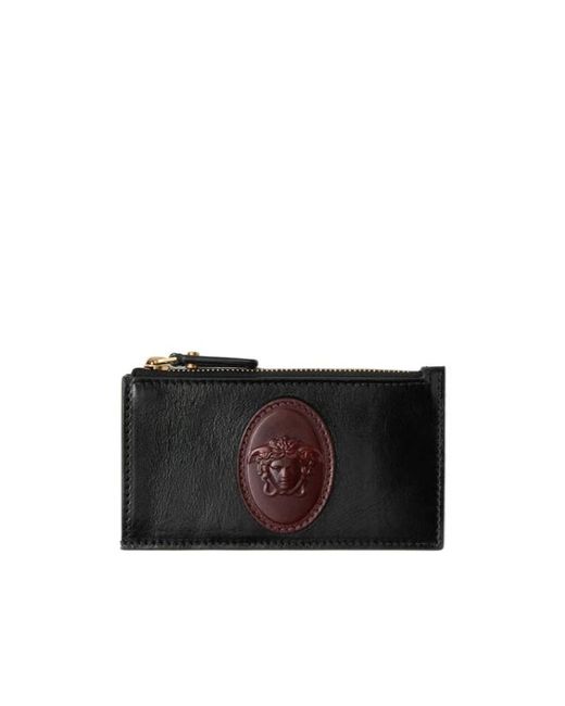 Versace Black Roomy Leather Zip Card Holder for men