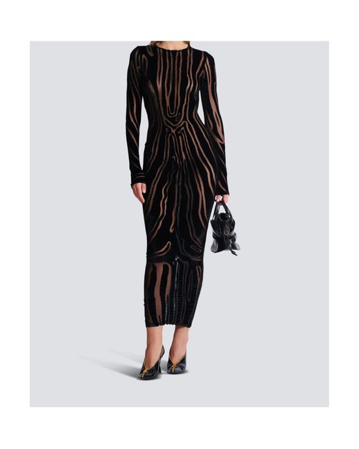 Balmain Black Velvet Zebra-Print Long-Sleeve Open-Back Midi Dress