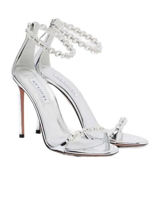 Aquazzura White Bijoux 105 Embellished Metallic Leather Sandals