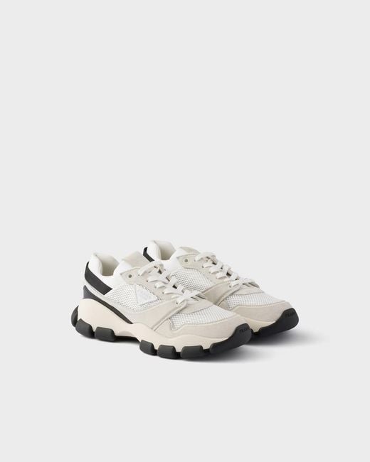 Prada White Mesh Fabric And Suede Sneakers
