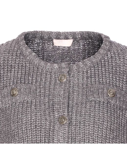 Liu Jo Gray Ribbed-Knit Crewneck Cardigan