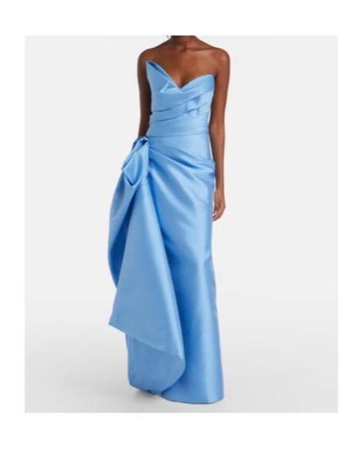 Monique Lhuillier Blue Draped Asymmetric Bustier Gown