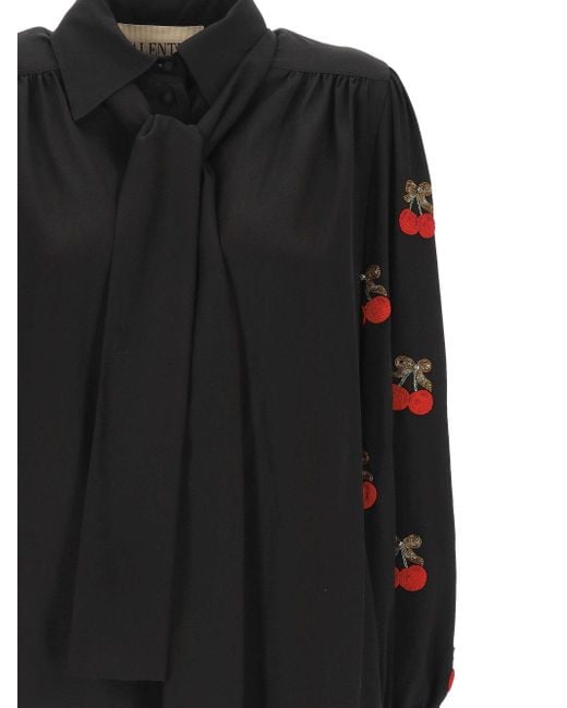 Valentino Black Cherry-Embellished Button-Up Blouse