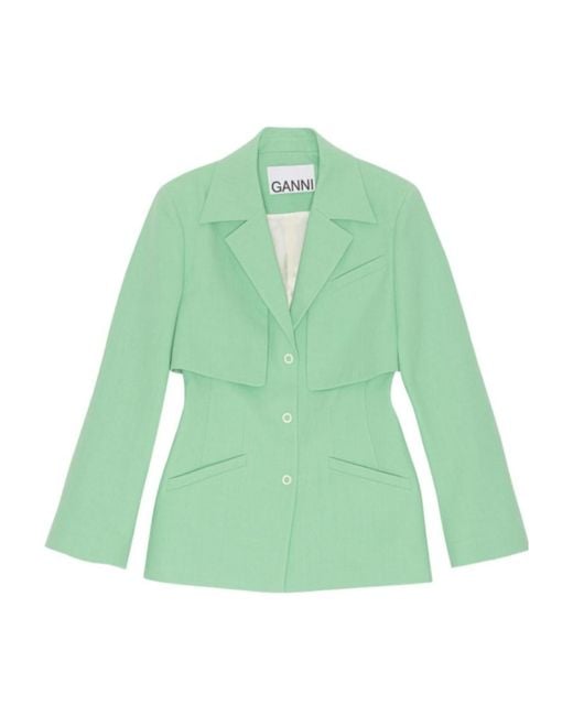 Ganni Green Single-Breasted Tailored Blazer