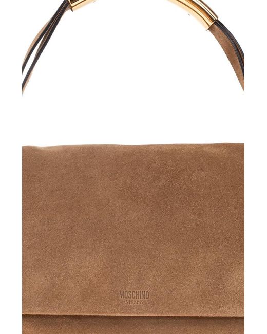 Moschino Brown Logo Embossed Top Handle Bag