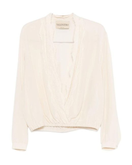 Valentino Natural Lace Neck Long-Sleeved Blouse
