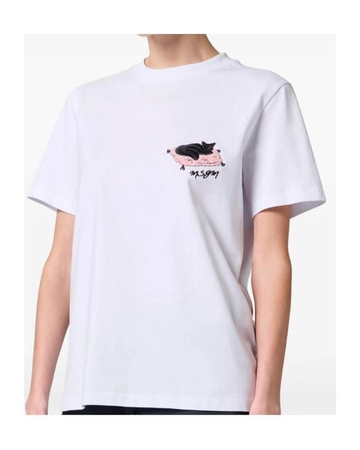 MSGM White Embroidered Cat T-Shirt