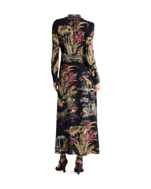 Etro Black Long Dress With Silk Scarf And Placed Flower And Animal Print