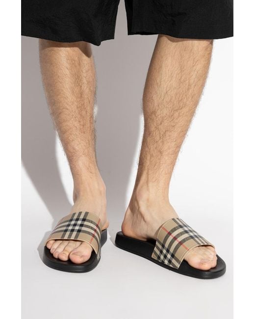 Burberry White Check Printed Slip-On Slides for men