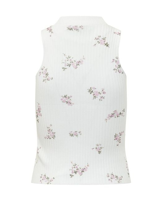 MSGM White Floral Printed Ribbed Top
