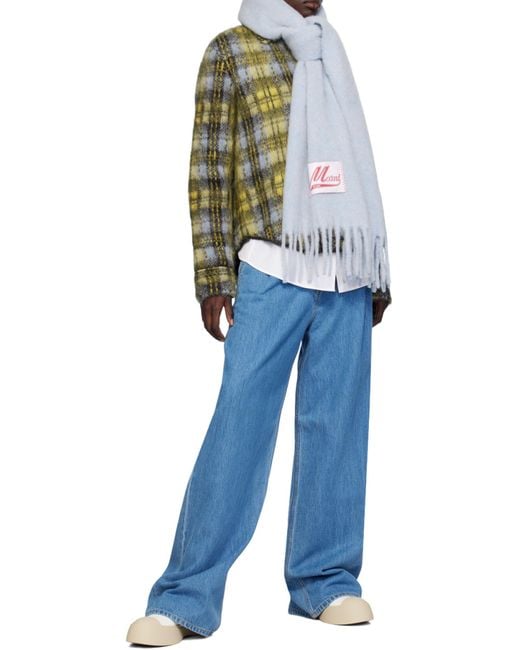 Marni Blue Logo Patch Fringed Scarf