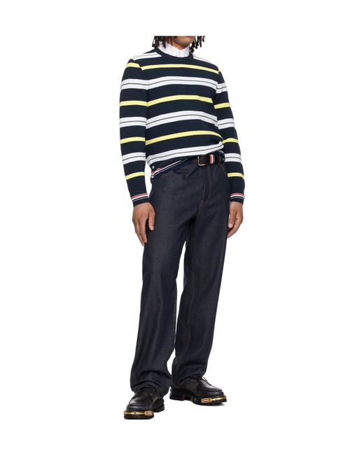 Thom Browne Blue Multicolored Striped Crew Neck Knit Sweater for men
