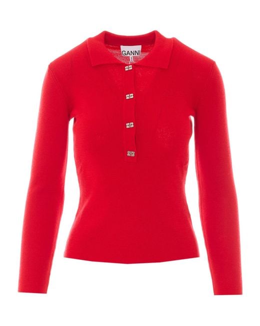 Ganni Red Ribbed Knit Sweater