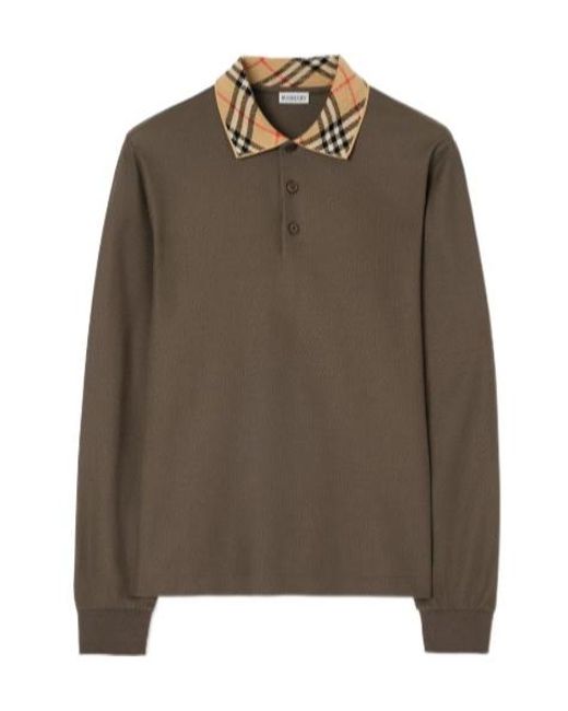 Burberry Brown Long-Sleeve Check Collar Cotton Polo Shirt for men