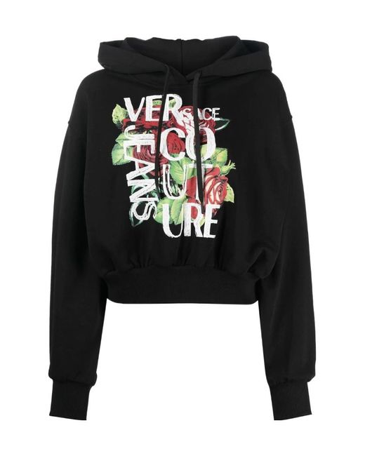 Versace Jeans Black Cropped Logo-Print Cotton Hoodie