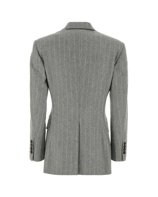 Brunello Cucinelli Gray Double-Breasted Pinstriped Blazer
