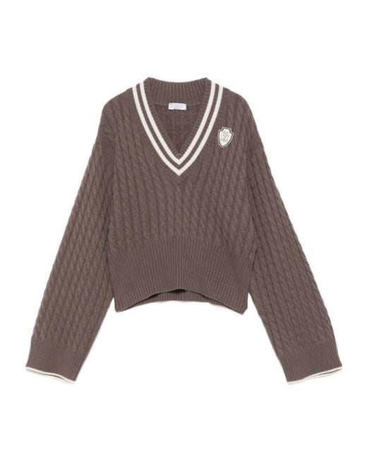 Brunello Cucinelli Brown Cable-Knit V-Neck Sweater