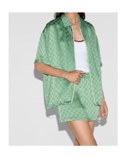 Gucci Green Relaxed Fit Gg Satin Zip Shirt