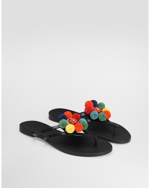 Dolce & Gabbana Multicolor Rubber Beachwear Slides With Pom-Poms