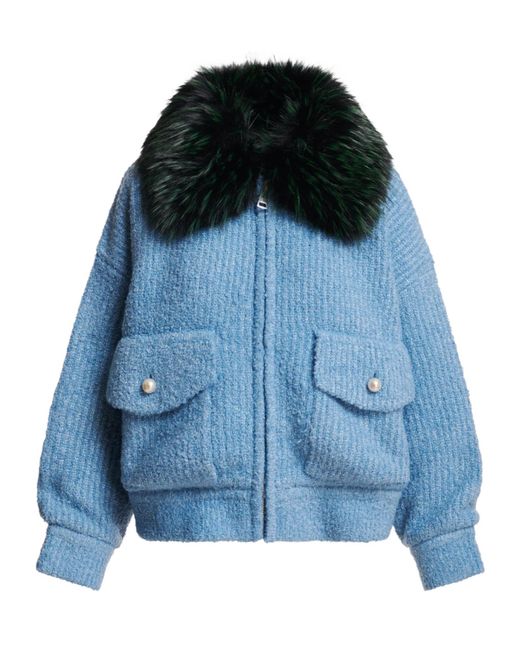 Essentiel Antwerp Blue Faux-Fur Collar Ribbed-Knit Jacket