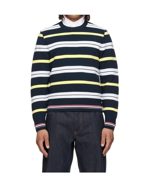 Thom Browne Blue Multicolored Striped Crew Neck Knit Sweater for men