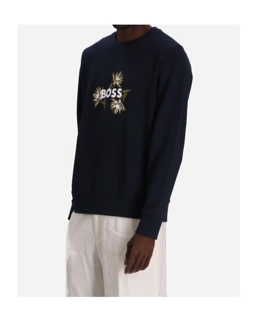 Boss Blue Floral-Embroidered Sweatshirt for men
