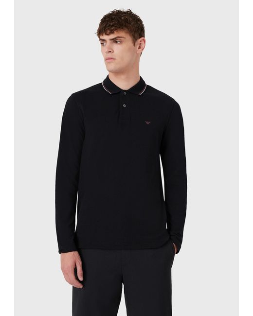 Emporio Armani Blue Micro Eagle Embroidered Long-Sleeved Stretch Pique Polo Shirt for men
