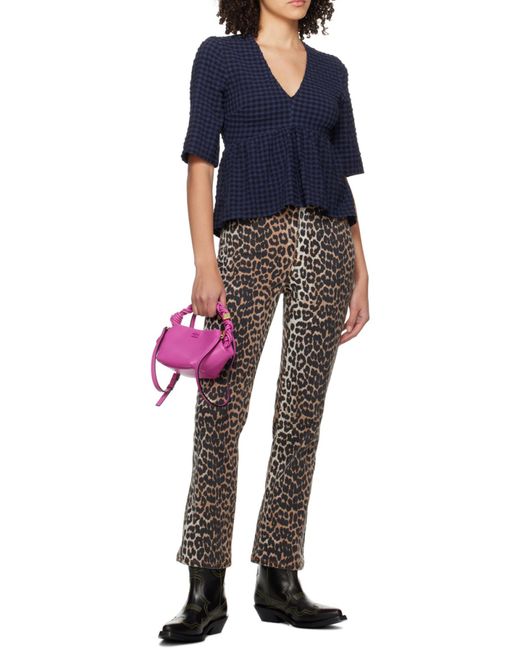 Ganni Blue Checkered Seersucker V-Neck Peplum Blouse